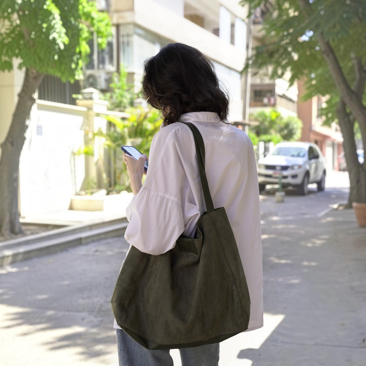 Soft suede tote bag