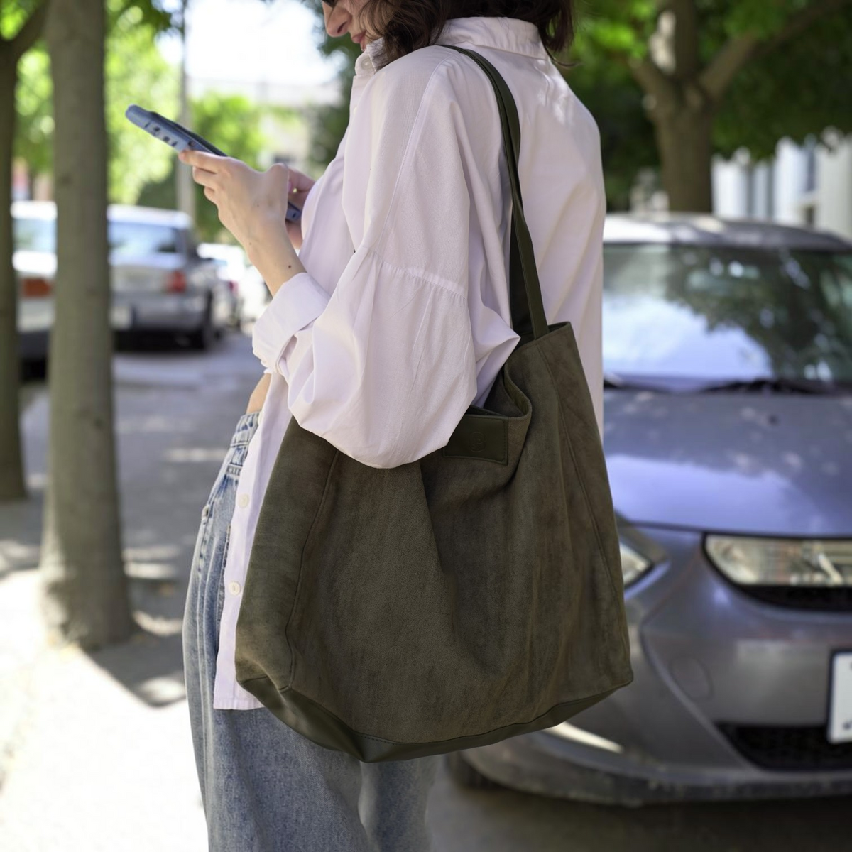 Soft suede tote bag